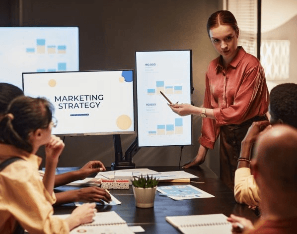 Marketing strategy presentation in a modern office meeting