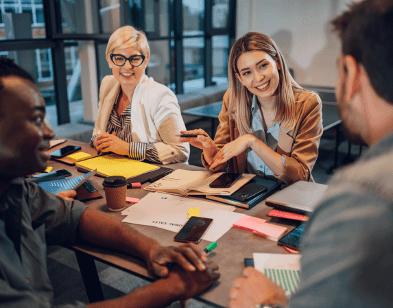 Business team collaborating in a modern office meeting